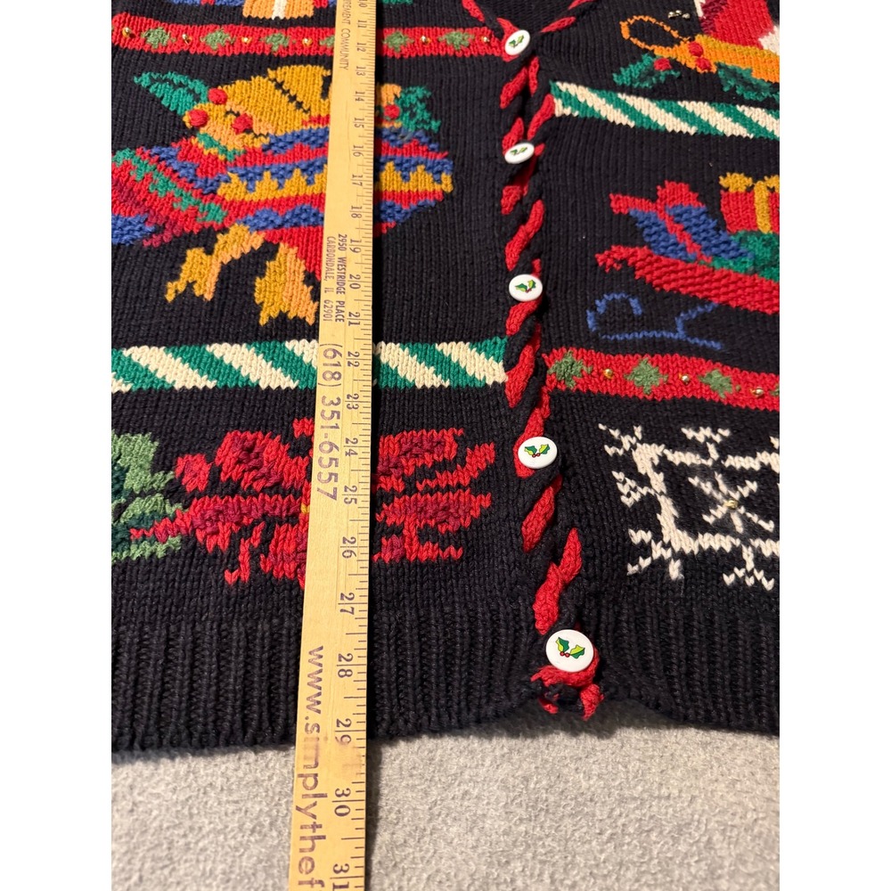 VTG Lauren Rogers Christmas Cardigan Sweater Black Knit Holiday Sleigh Tree 90's - Picture 11 of 11